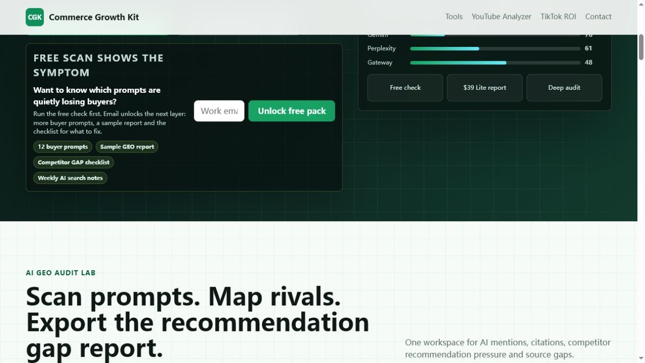 CommerceGrowthKit AI visibility report dashboard