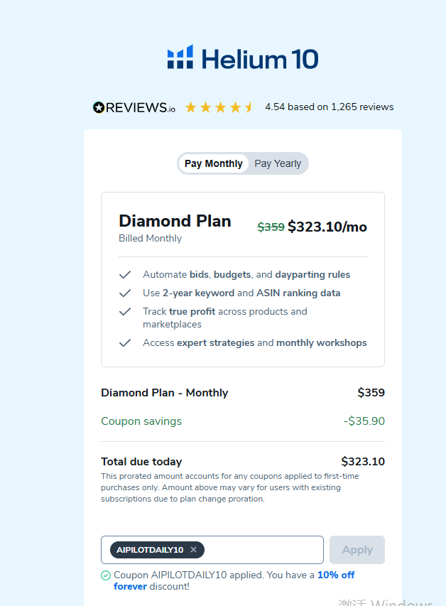 Diamond monthly checkout showing the ongoing 10% code