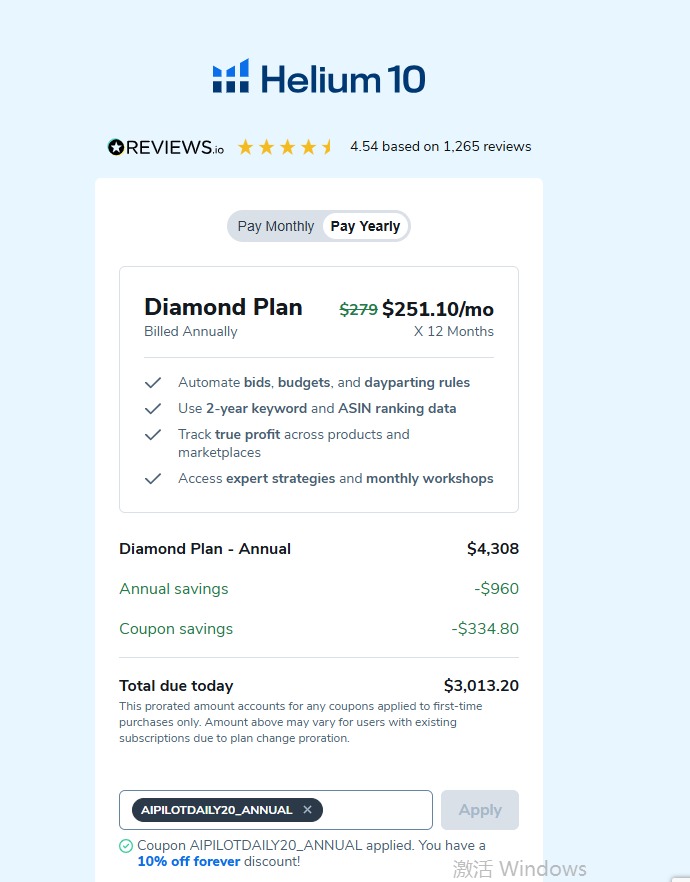 Diamond annual checkout showing an additional 10% discount