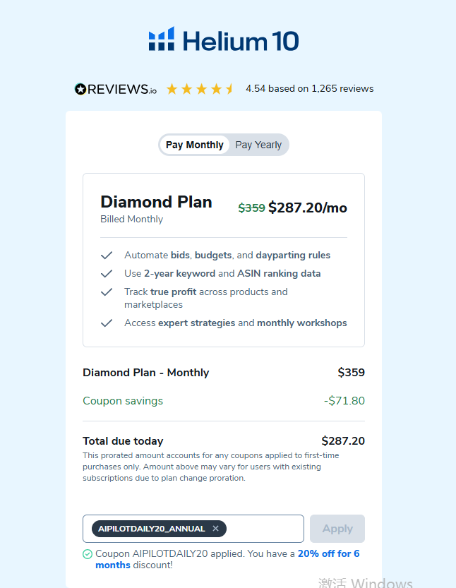 Diamond monthly checkout showing 20% off for six months