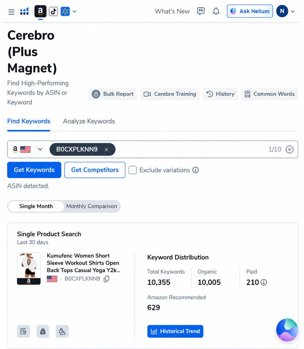 Paid Helium 10 account Cerebro result with keyword distribution and 10355 keywords