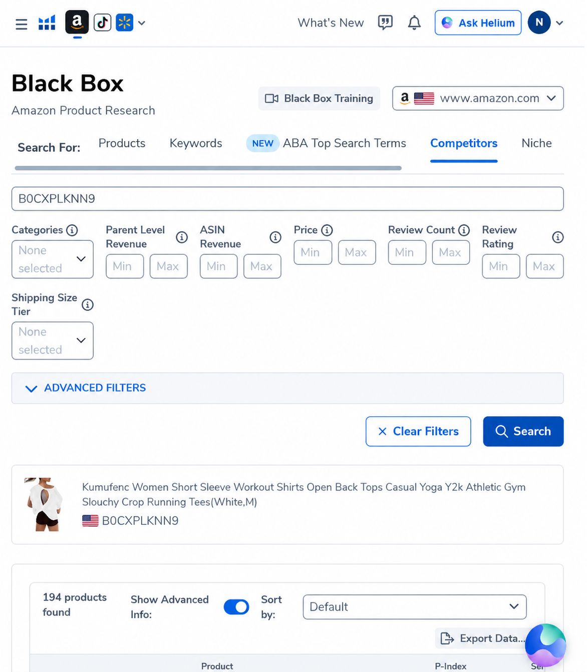 Helium 10 Black Box Competitors search using Amazon ASIN B0CXPLKNN9 and returning 194 products