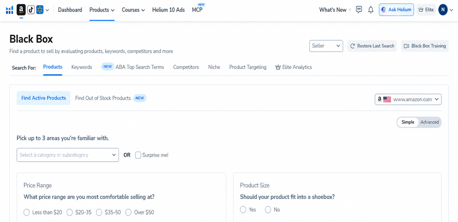 Helium 10 Black Box Products dashboard showing product research filters in a paid account