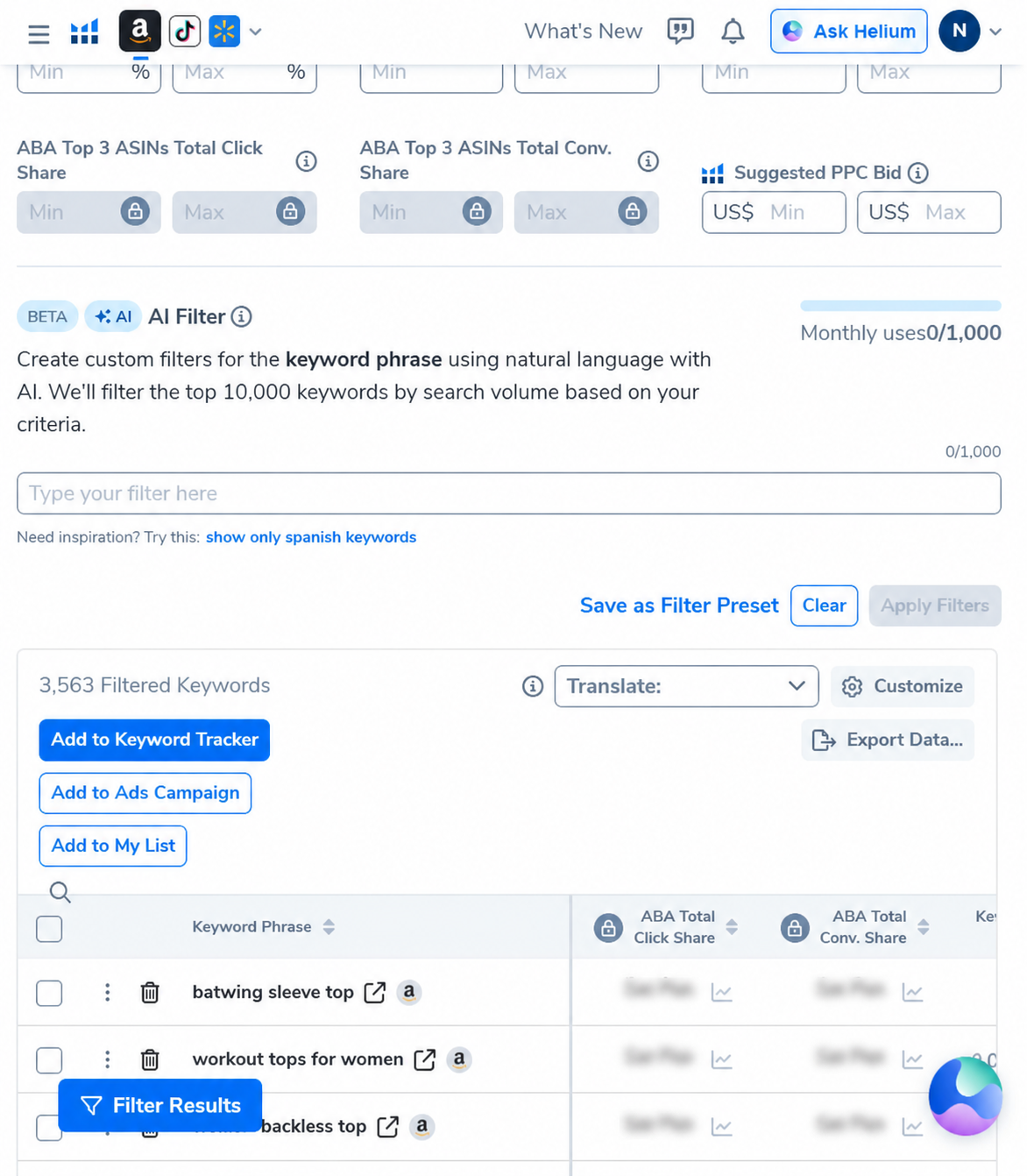 Helium 10 Cerebro results after filtering to at least three words and 500 search volume
