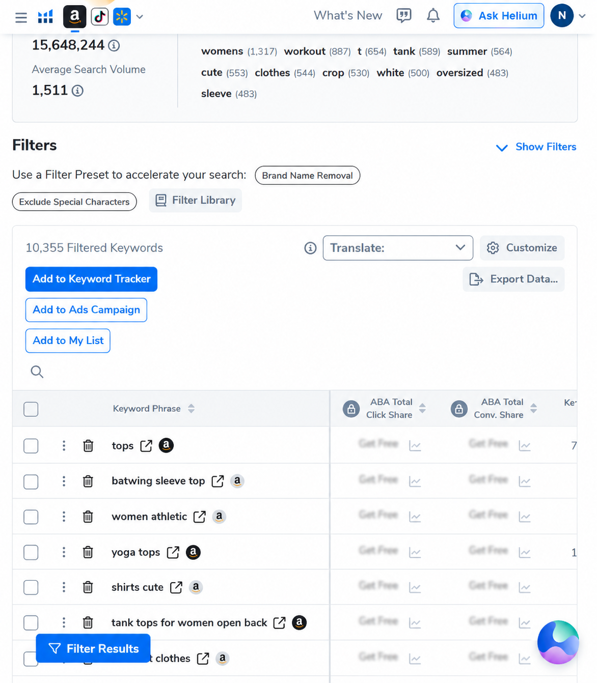 Helium 10 Cerebro total search volume average search volume and word frequency data