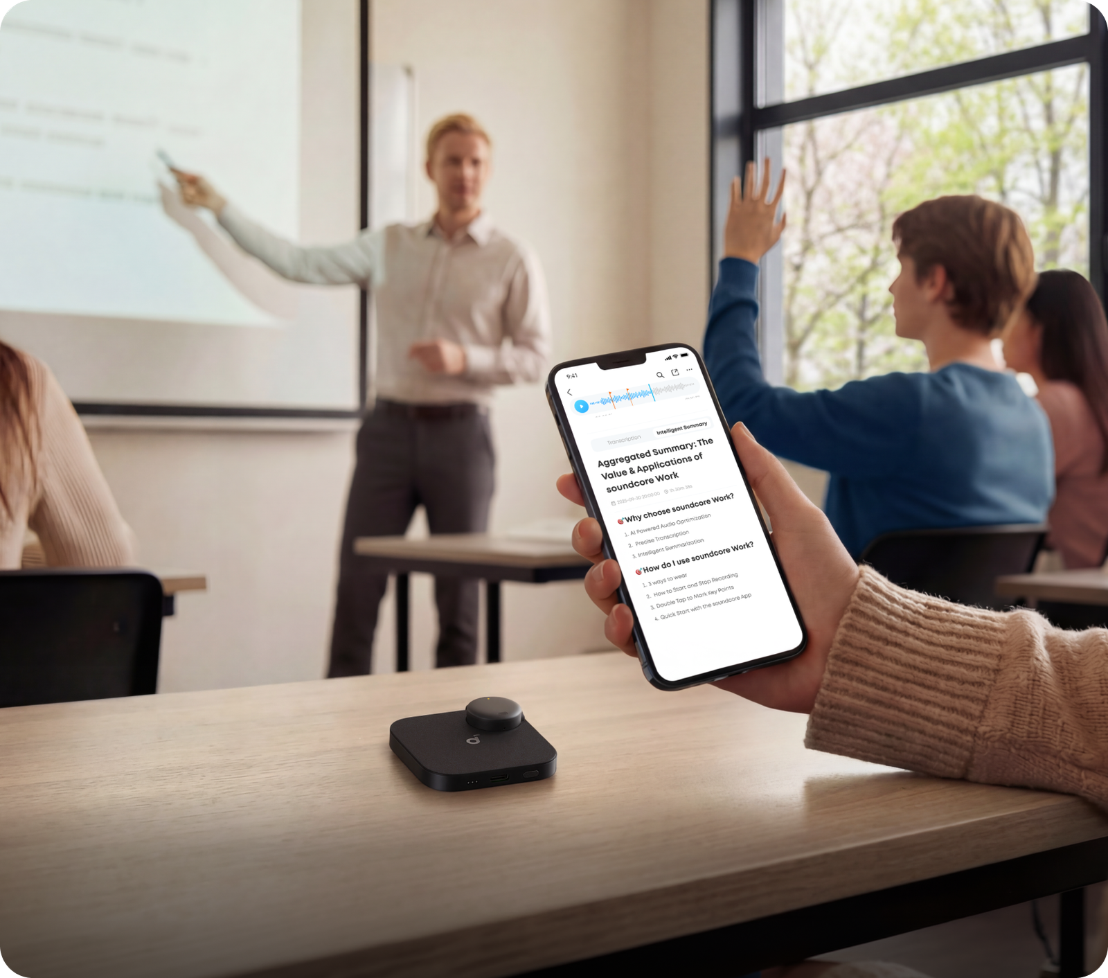 Soundcore Work in a lecture workflow with recording summary shown on a phone