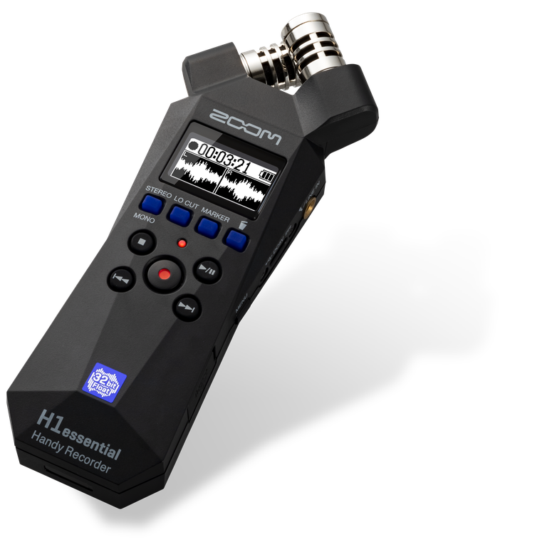 Zoom H1essential portable recorder showing the angled XY microphones and physical controls